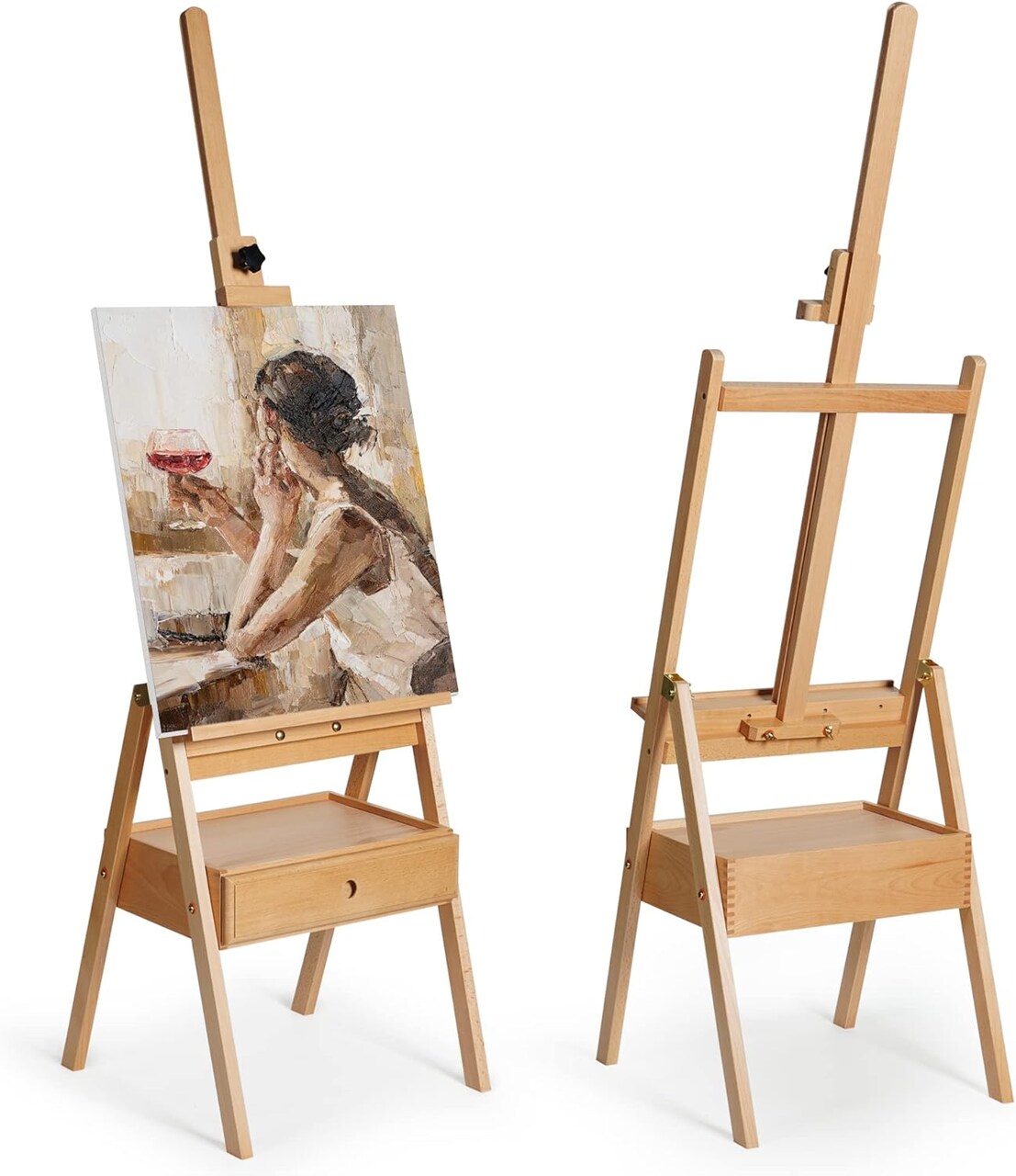 ARTIFY Large Wooden H-Frame Studio Easel with Artist Storage Drawer and Shelf, Sturdy Beechwood Canvas Holder Stand, Adjustable to 75" High